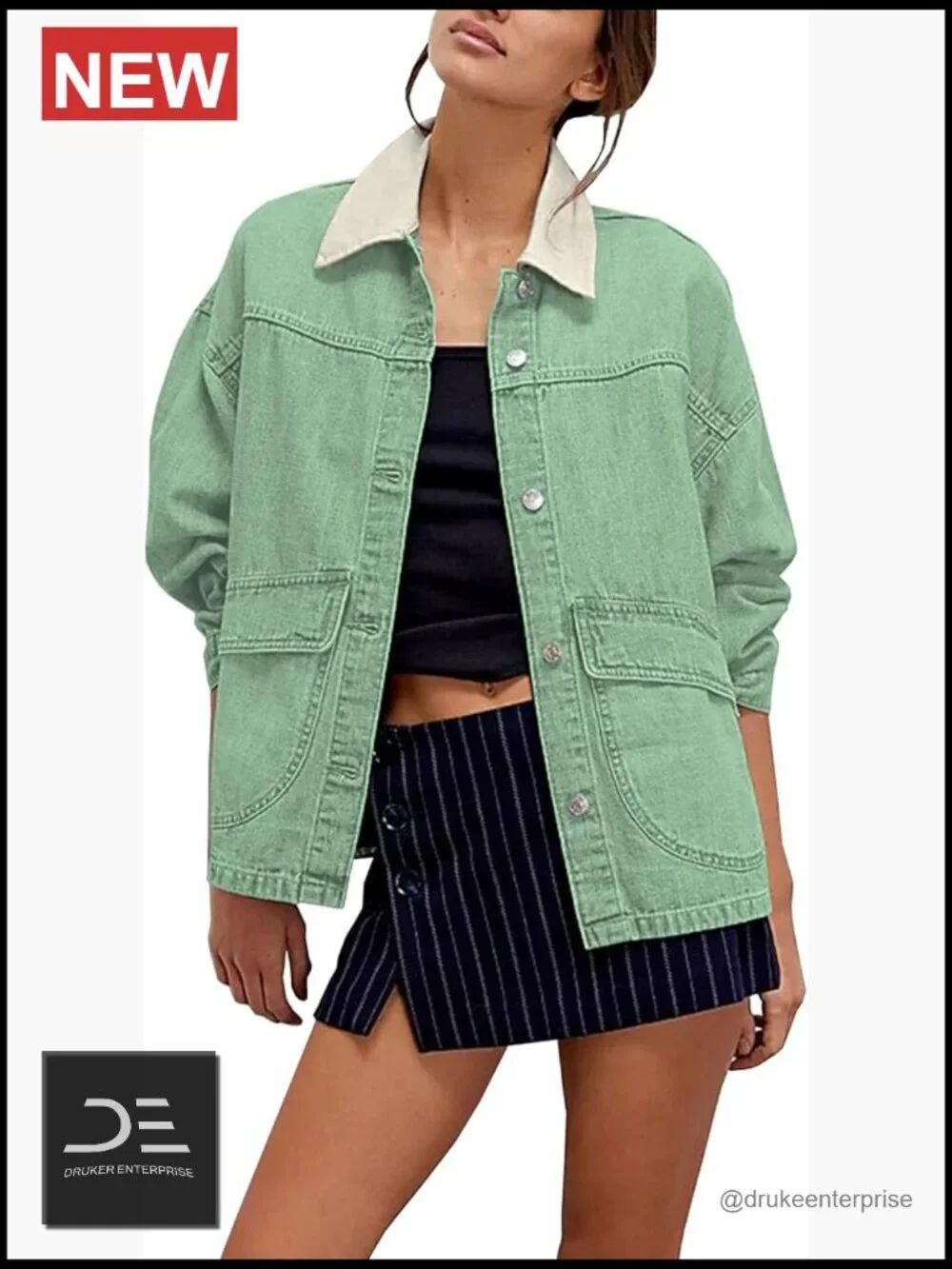 Oversized Denim Jacket with Contrast Trim Long Sleeve Button Down Jean Coat